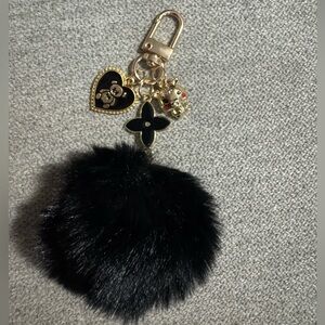 Black Faux Fur Pom Pom Keychain with Gold Charms